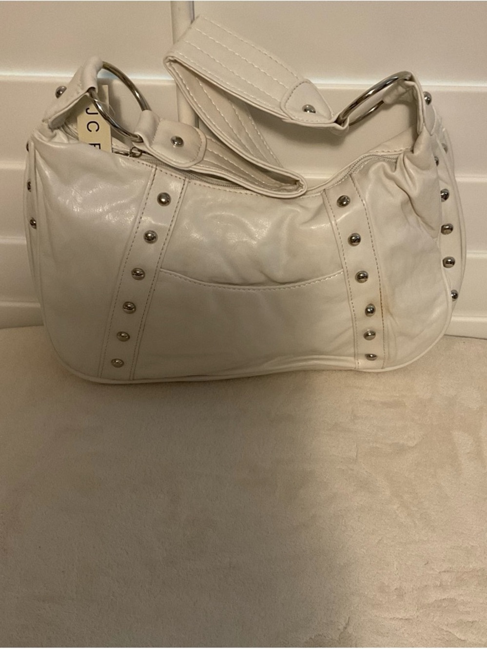 White Stud-Detail Shoulder Bag with Wide Strap